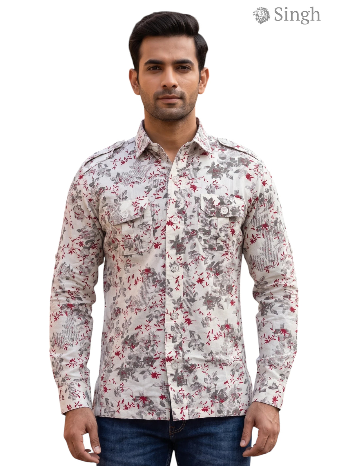 M Hunting Shirts in grey floral print with soft fabric, front view showcasing stylish design, HUNTING SHIRTS-1308-310