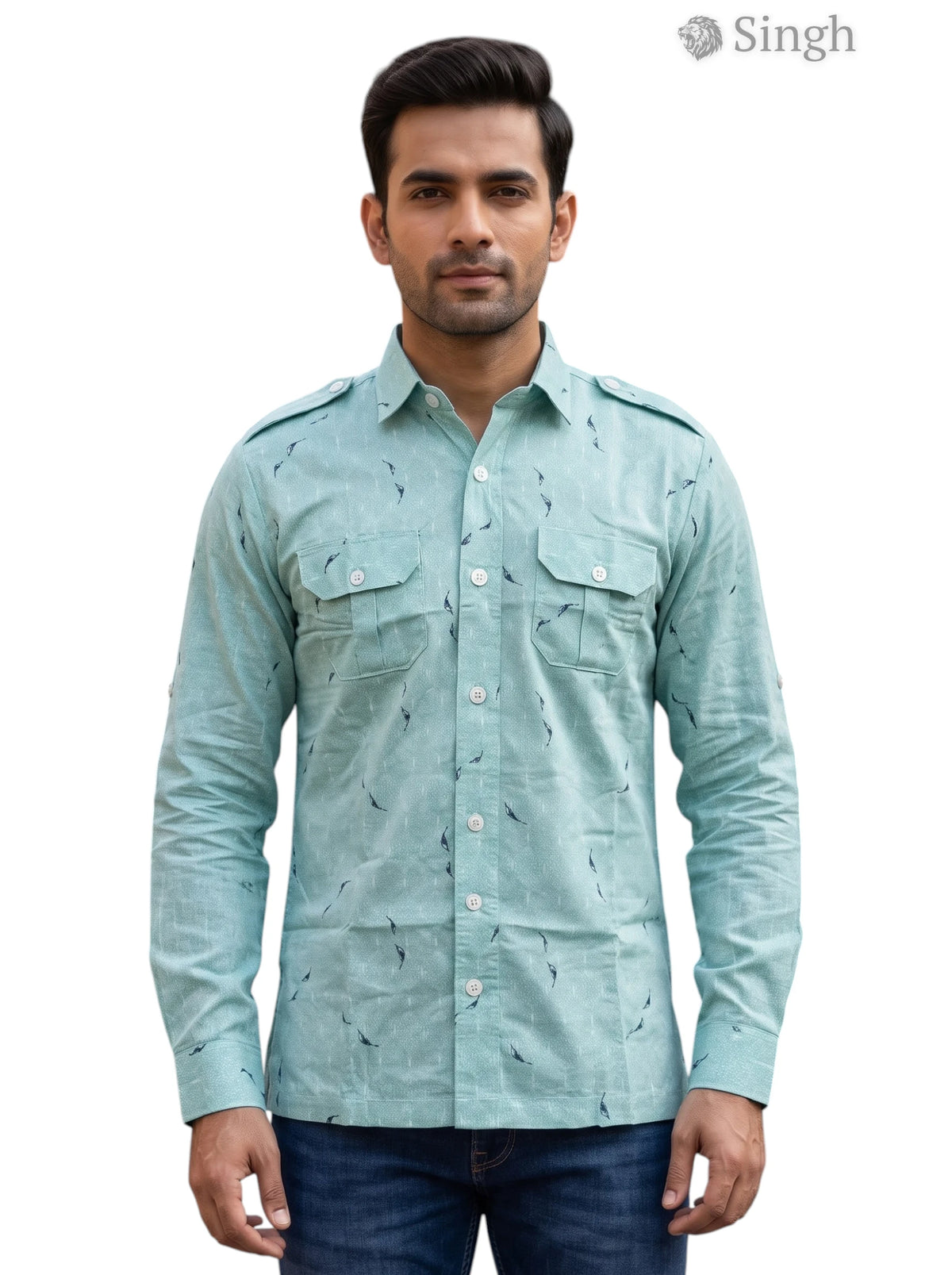 M Hunting Shirts in Light Green Cotton with Front Pockets, featuring HUNTING SHIRTS-1308-311