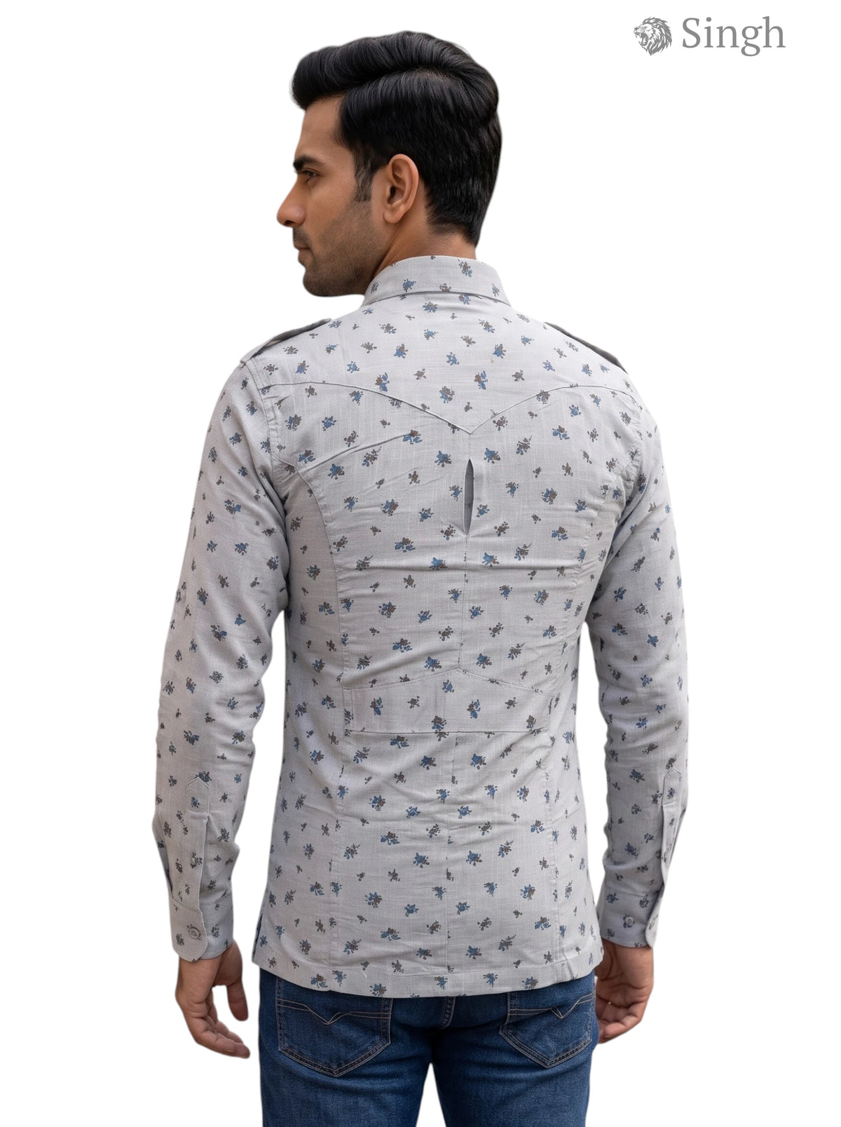 M Hunting Shirts in gray cotton fabric with a floral print, back view showcasing detailed stitching - HUNTING SHIRTS-1308-312