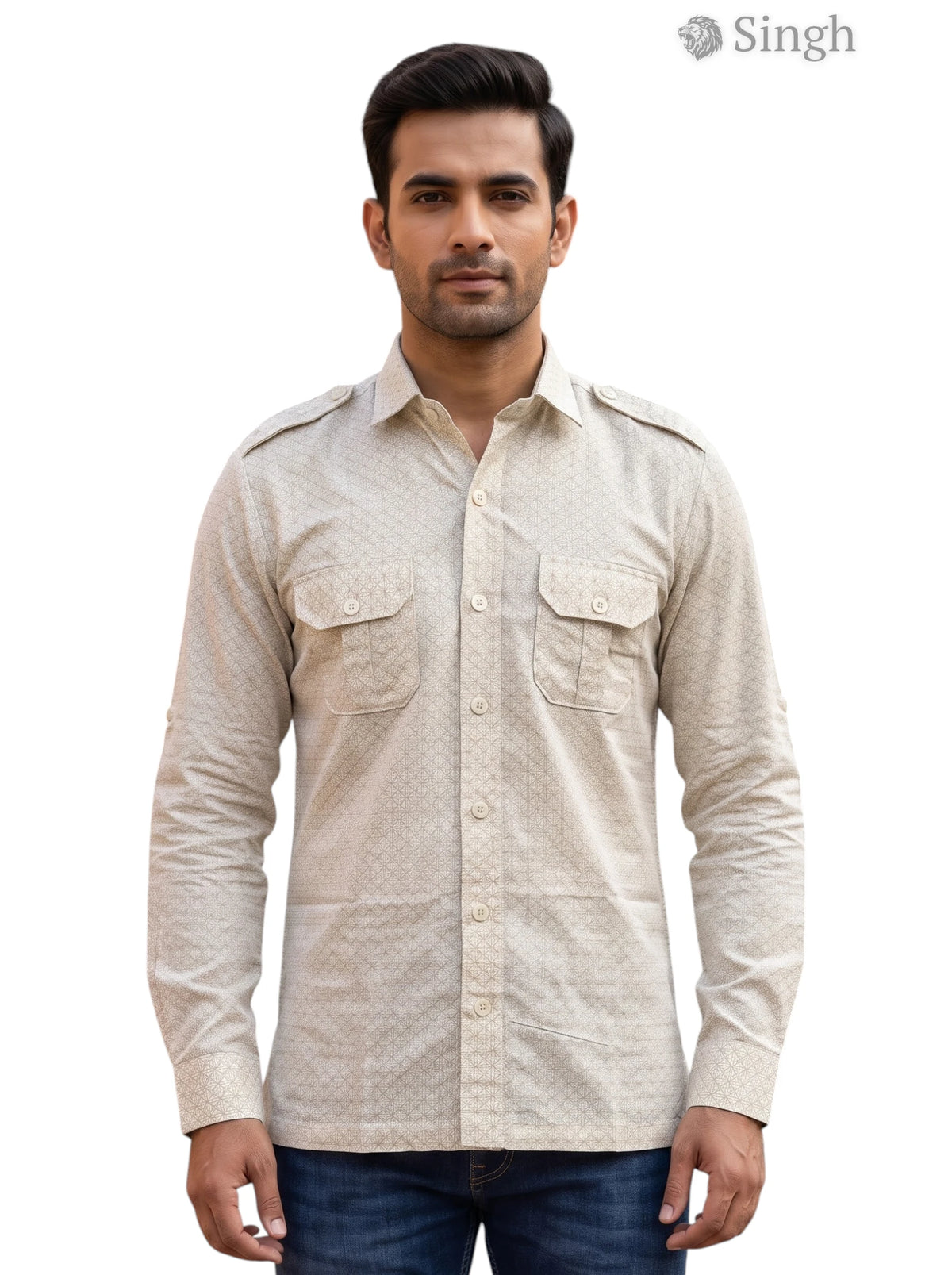 M Hunting Shirt in beige fabric with front pockets, featuring HUNTING SHIRTS-1308-313 design.