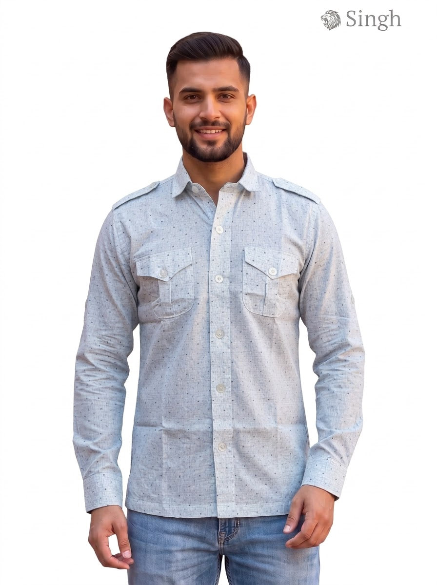 M Hunting Shirts in light gray cotton with buttoned pockets, front view by SINGH
