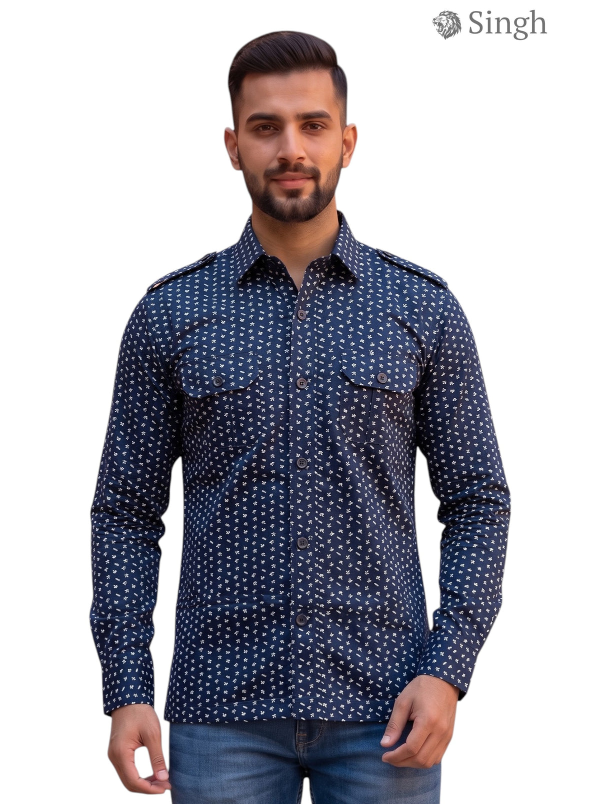 M Hunting Shirts in Navy Blue Cotton with Front Pockets and Button Closure