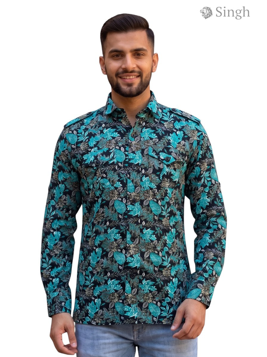 M Hunting Shirts in teal floral pattern made from breathable fabric, featuring a stylish front view, HUNTING SHIRTS-1308-343