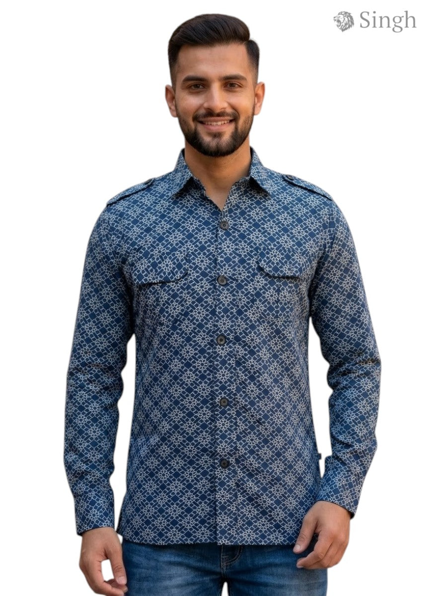 M Hunting Shirts in Blue Patterned Fabric, Front View, HUNTING SHIRTS-1308-358