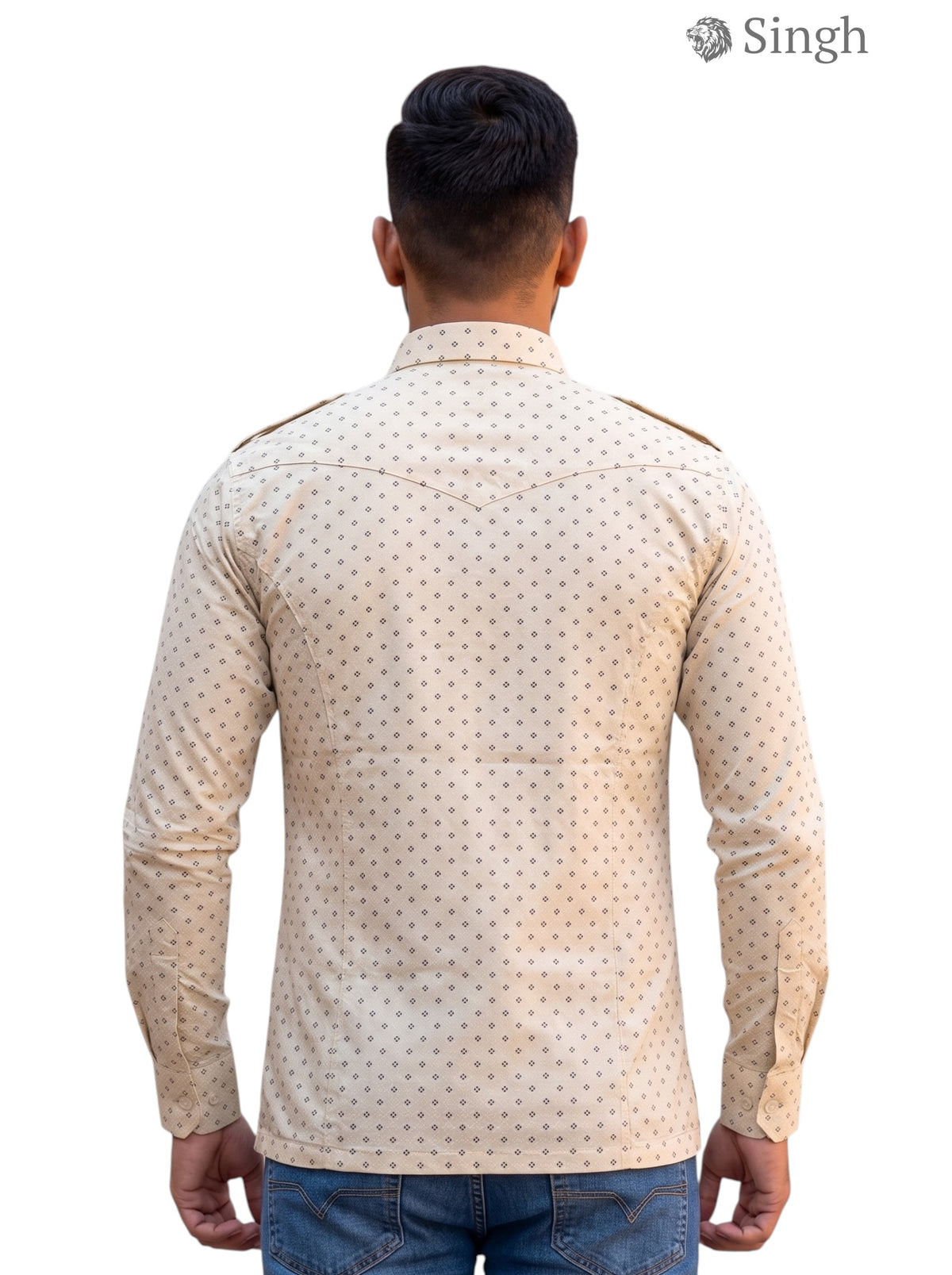 M Hunting Shirt in beige cotton fabric shown from the back, featuring a stylish dotted pattern. HUNTING SHIRTS-1308-359