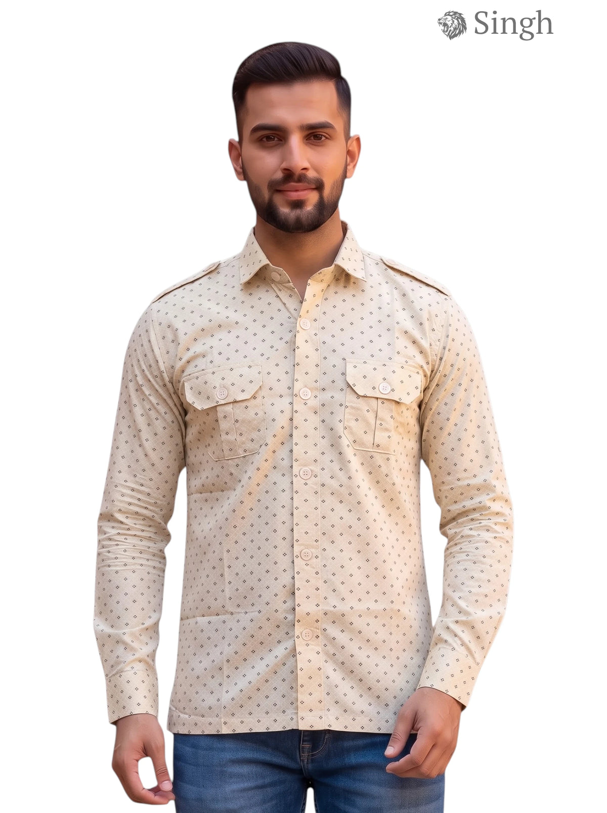 M Hunting Shirts-1308-359 in beige with printed pattern and two chest pockets, front view