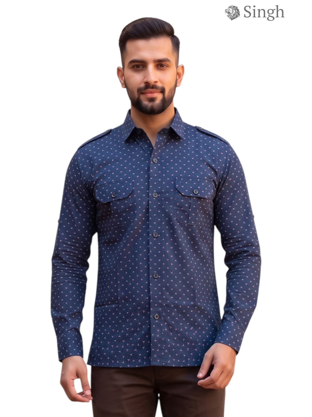 M Hunting Shirts in navy blue cotton fabric, front view showcasing stylish design - HUNTING SHIRTS-1308-361