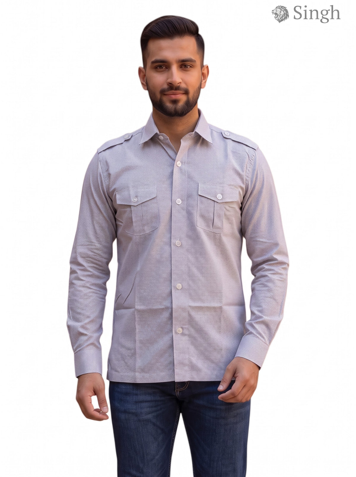 M Hunting Shirts in gray cotton fabric front view HUNTING SHIRTS-1308-362 by SINGH