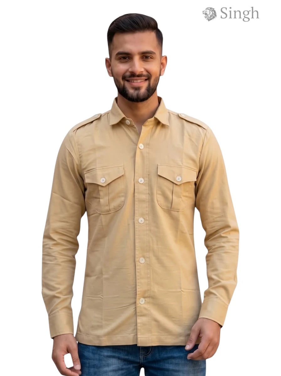M Tan Cotton Hunting Shirt from SINGH with Front Pockets and Button Closure HUNTING SHIRTS-1308-364