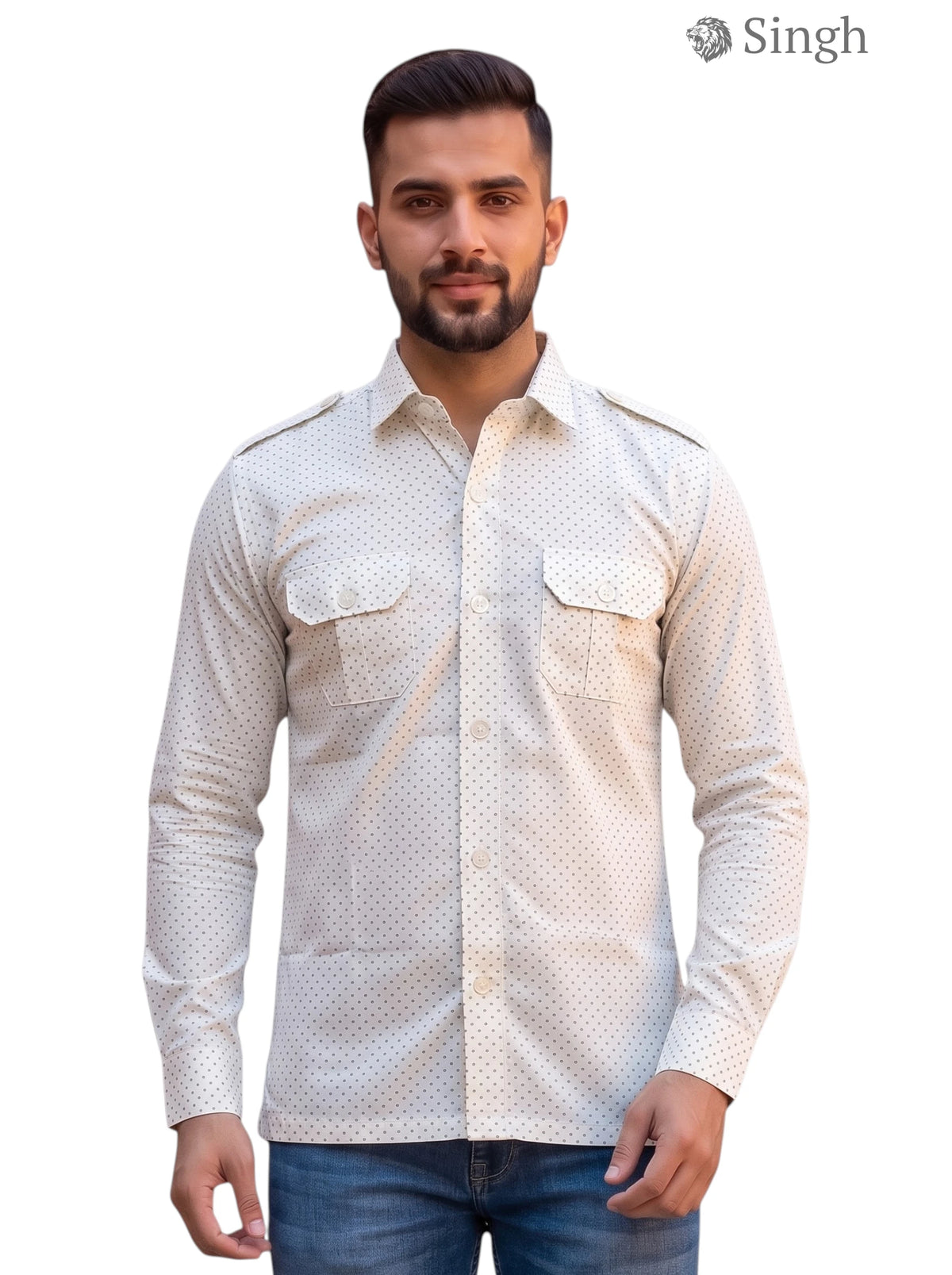 M Beige Cotton Hunting Shirt in Front View - HUNTING SHIRTS-1308-365