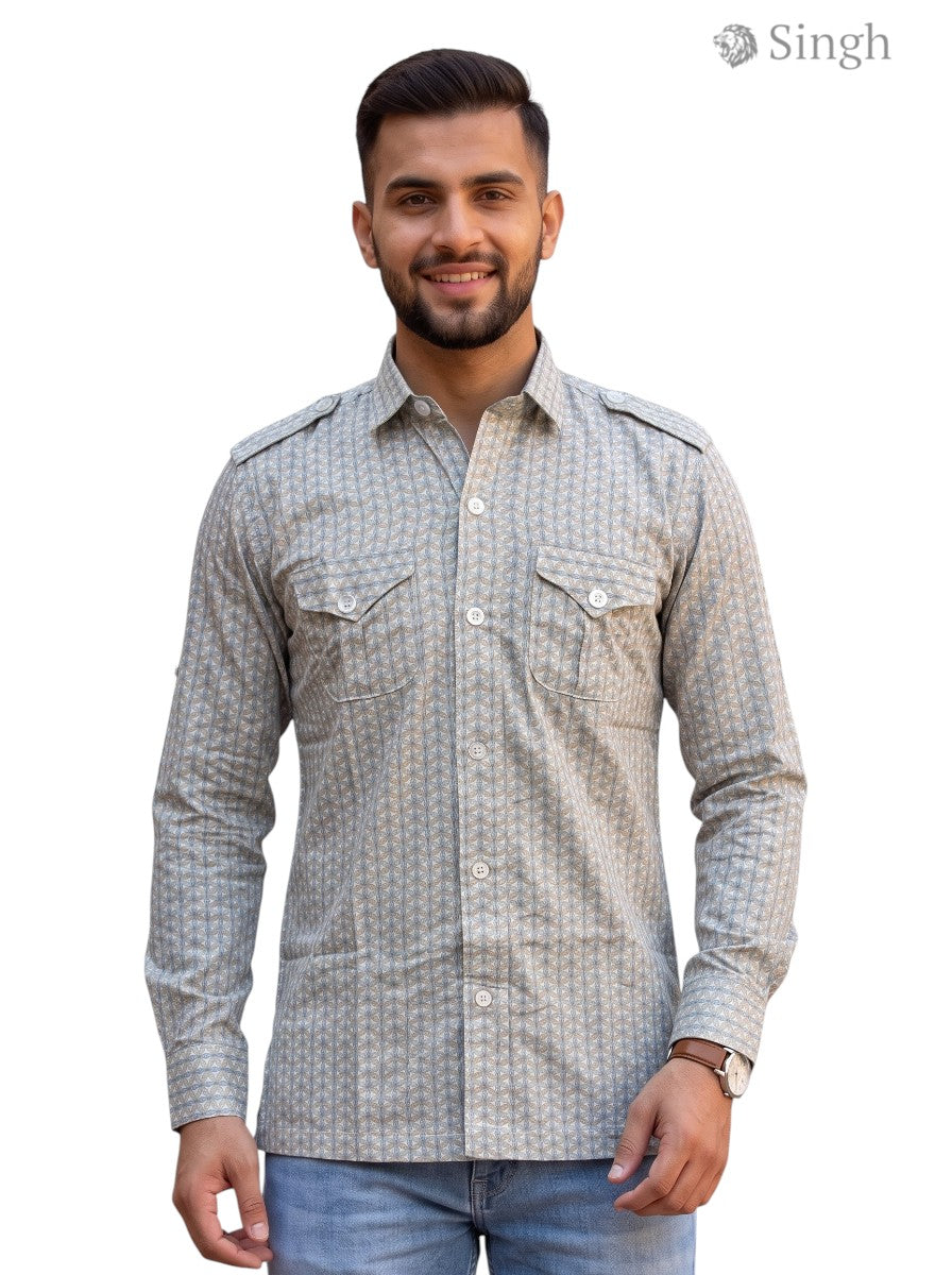 M Hunting Shirts in light brown cotton, front view featuring button details and chest pockets - HUNTING SHIRTS-1308-367