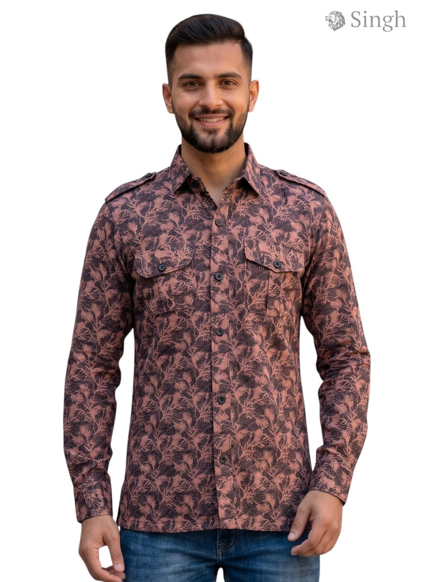 M Brown Cotton Hunting Shirt with Floral Design - HUNTING SHIRTS-1308-370