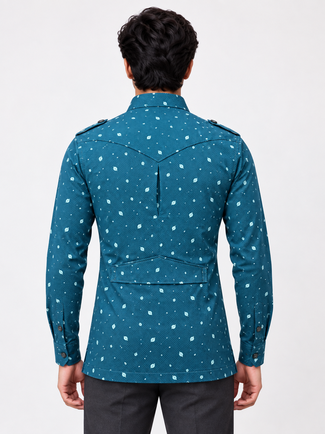 SINGH Hunting Shirt 1308-77, back view with pointed yoke and waist patti