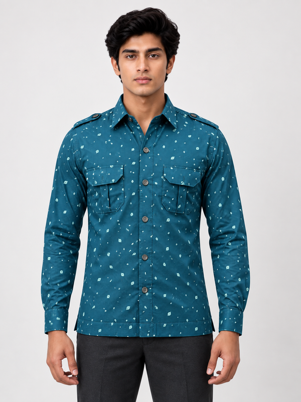 SINGH Hunting Shirt 1308-77 in teal leaf print, front view on model