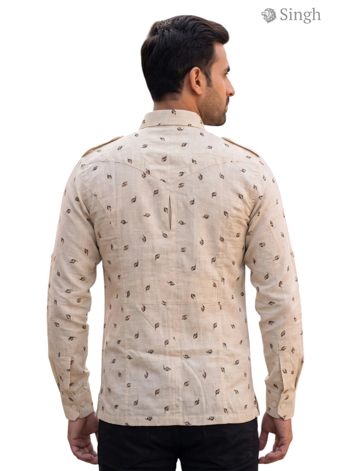M Hunting Shirt in beige cotton with a back view featuring a unique print, HUNTING SHIRTS-1308-80
