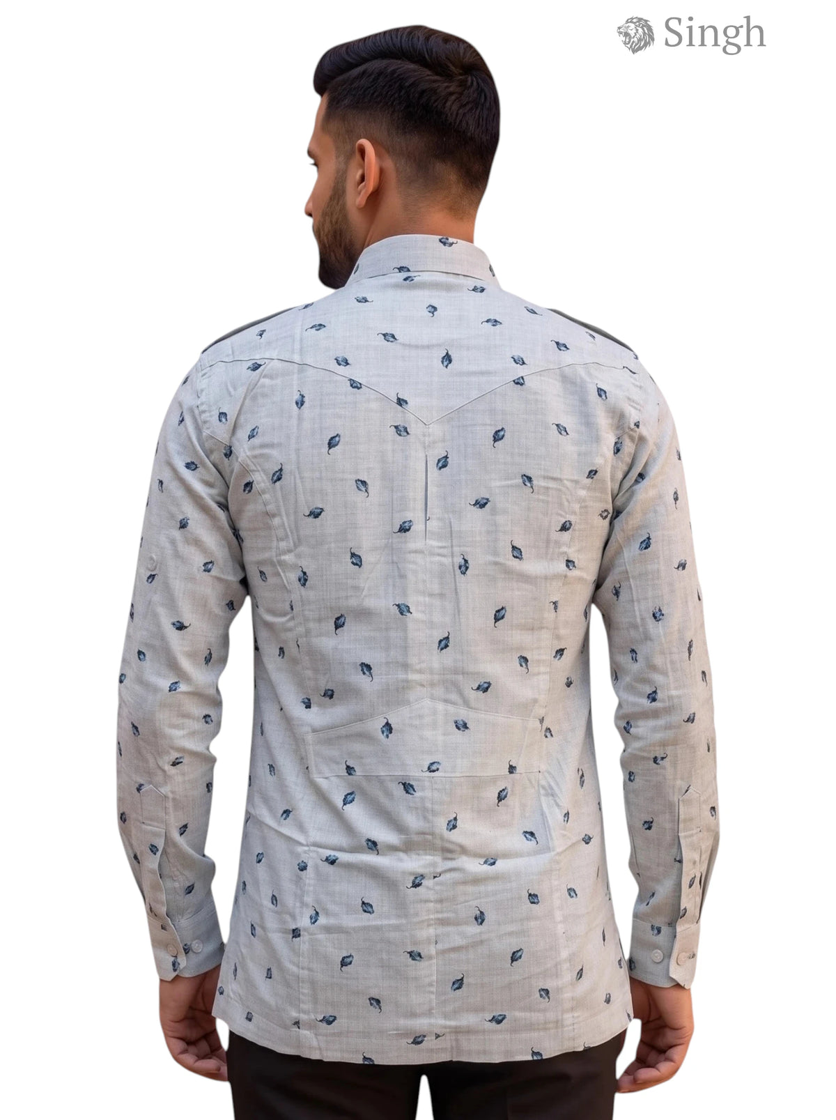 M Hunting Shirt in Light Gray Cotton with Leaf Print from the Back - HUNTING SHIRTS-1308-82