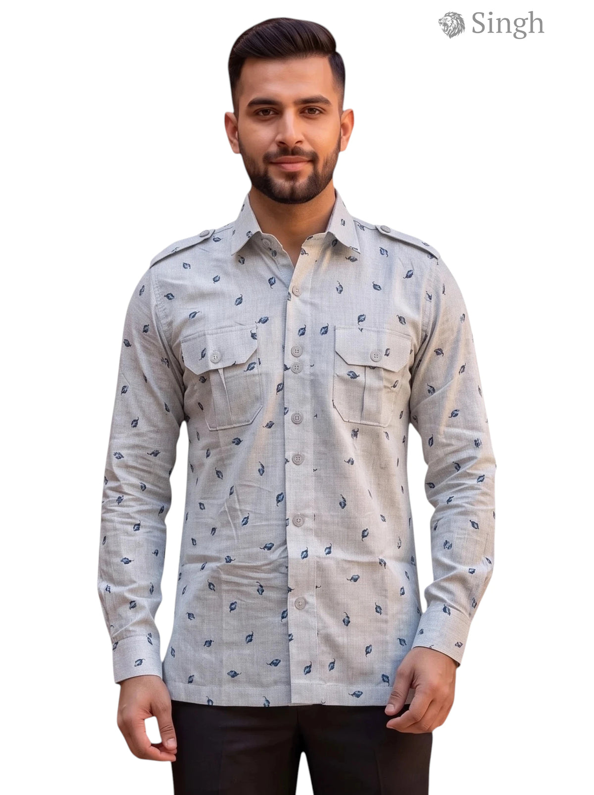 M Hunting Shirts-1308-82 in light gray fabric with leaf pattern and front pockets, model standing pose