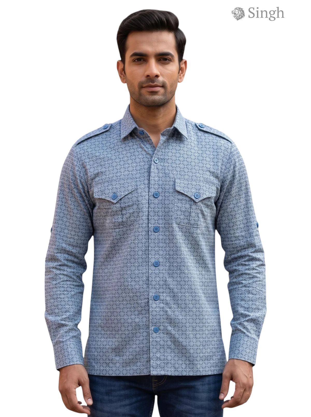 M Hunting Shirts in blue patterned cotton with button-up front and stylish shoulder details