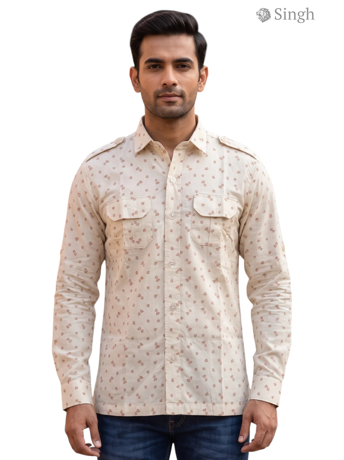 M Beige Cotton Hunting Shirt with Pockets from Singh, ideal for outdoor adventures - HUNTING SHIRTS-1308-84
