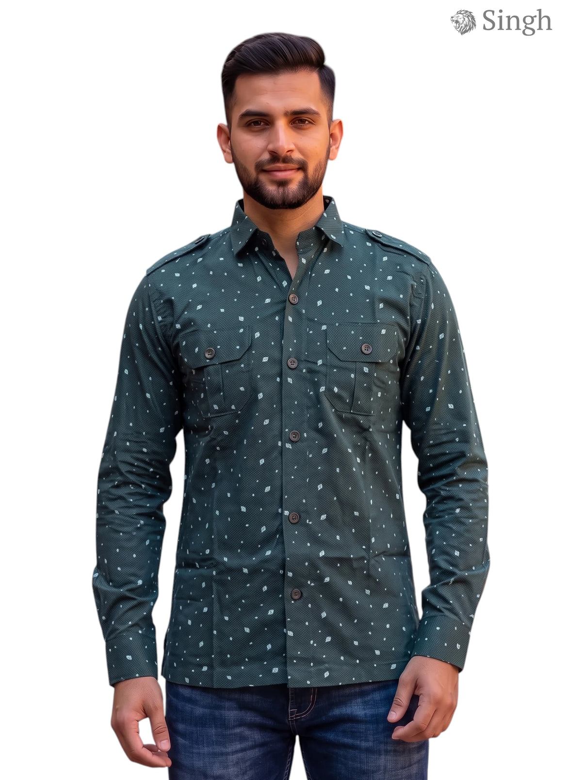 M Hunting Shirts in green fabric with a stylish print, featuring a front button design and pockets