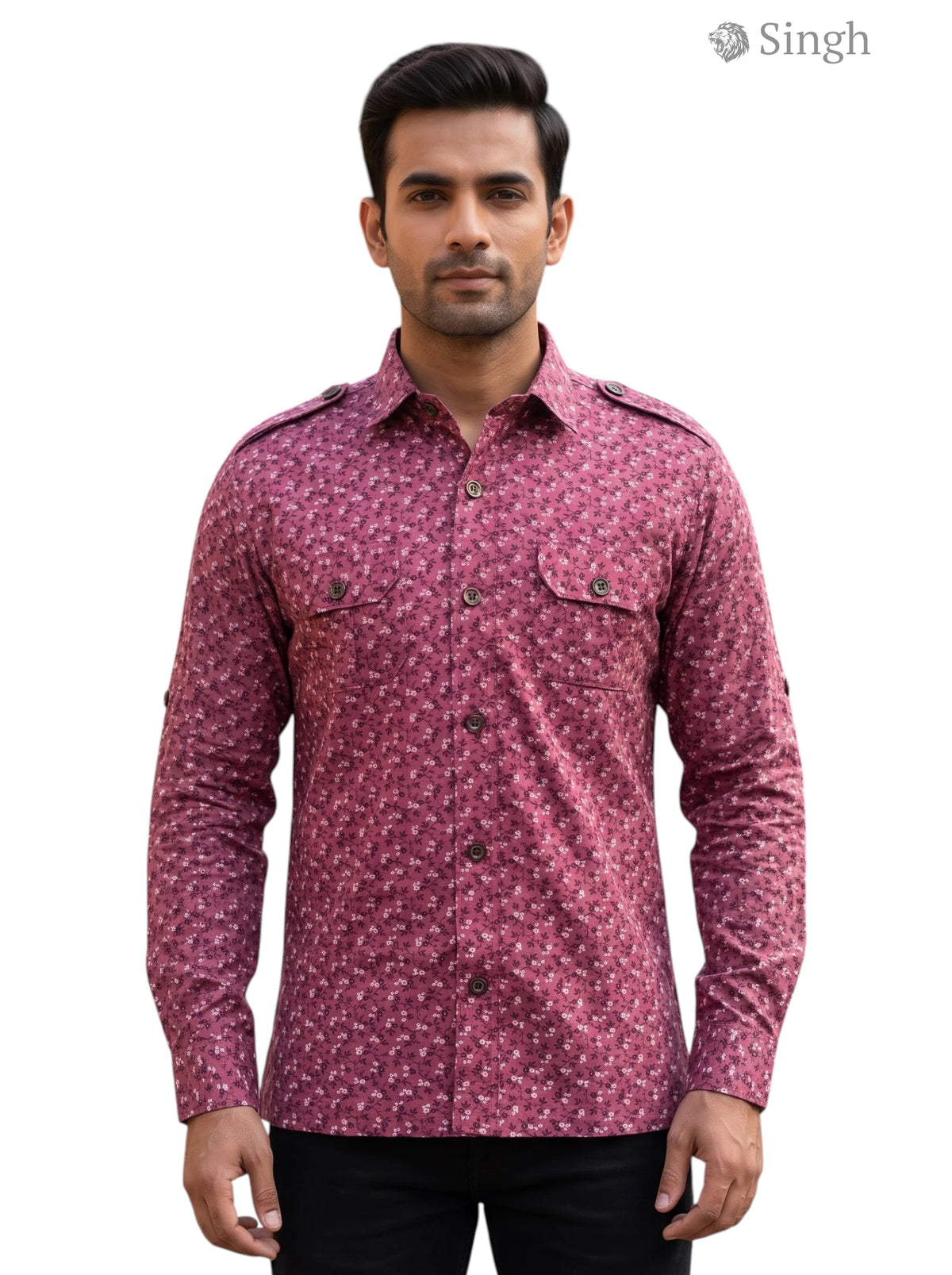 M Hunting Shirts in Burgundy Cotton, Front View with Button-Up Style, HUNTING SHIRTS-1308-87