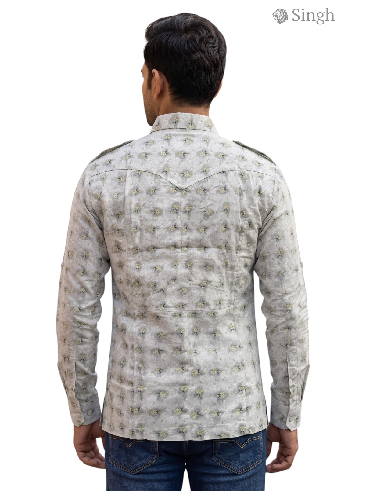 M Hunting Shirts in light gray fabric with a floral pattern, showcasing the back design, HUNTING SHIRTS-1308-89