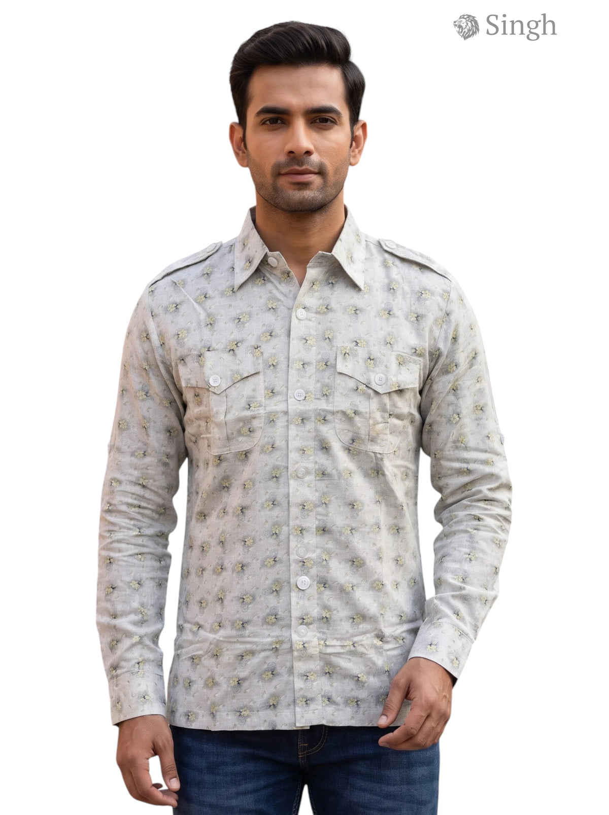 M Hunting Shirt in light gray cotton from Singh, front view featuring two chest pockets and stylish design