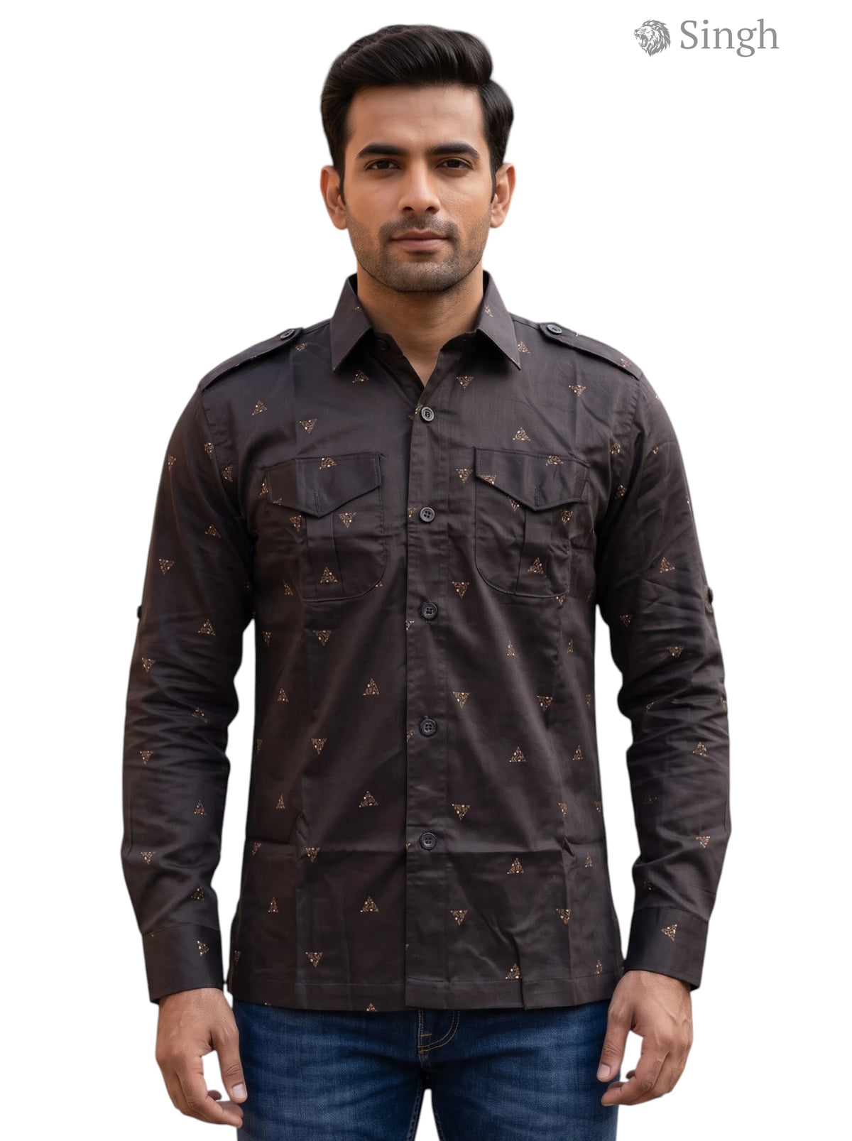 M Hunting Shirts in dark brown fabric with a stylish design, featuring two chest pockets - HUNTING SHIRTS-1308-90