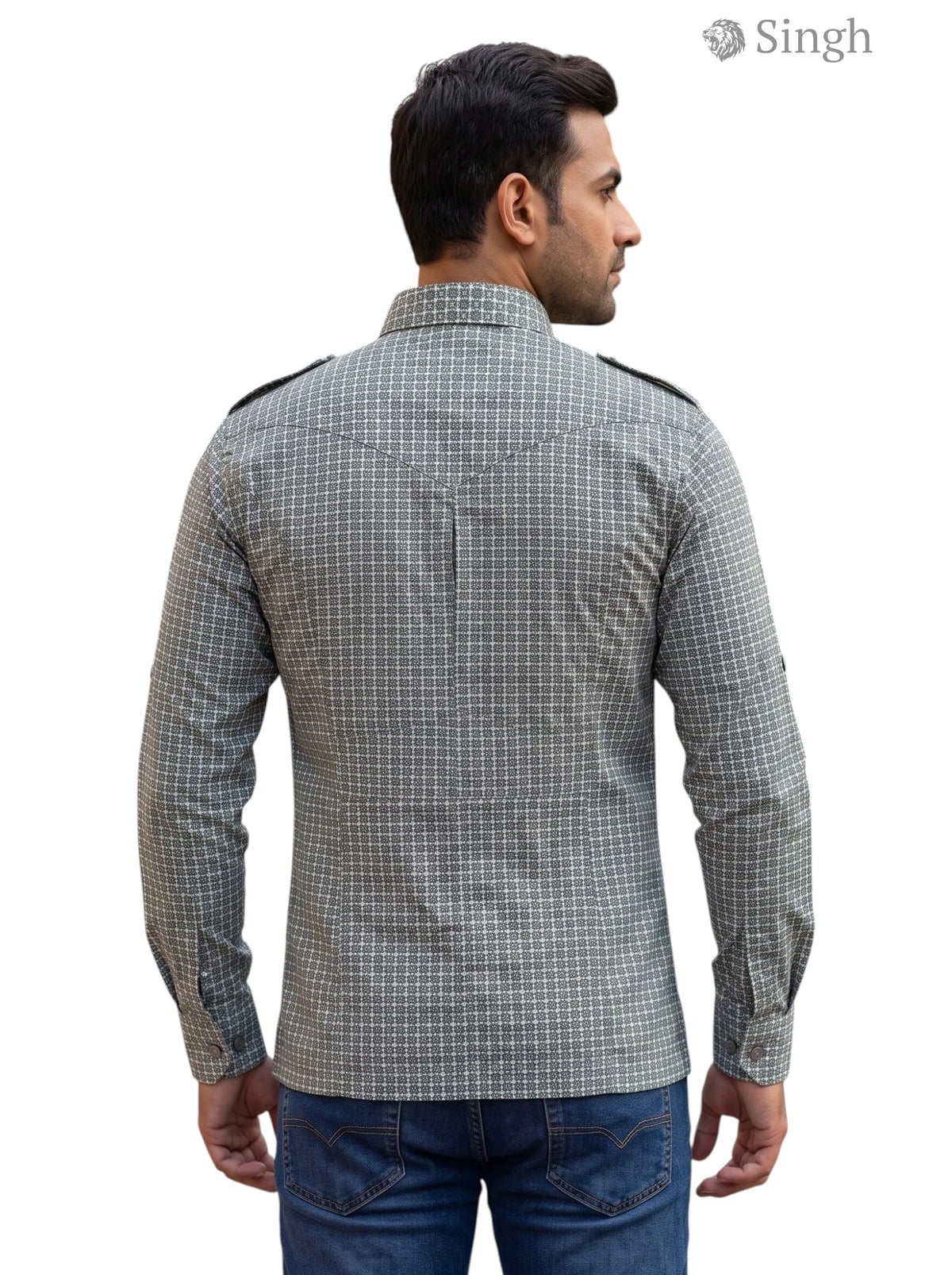 M Hunting Shirts in grey checkered fabric viewed from the back, featuring durable construction - HUNTING SHIRTS-1308-91