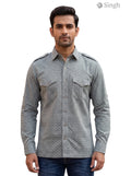 M Hunting Shirt in gray plaid fabric worn front facing, featuring pockets and the keyword HUNTING SHIRTS-1308-91