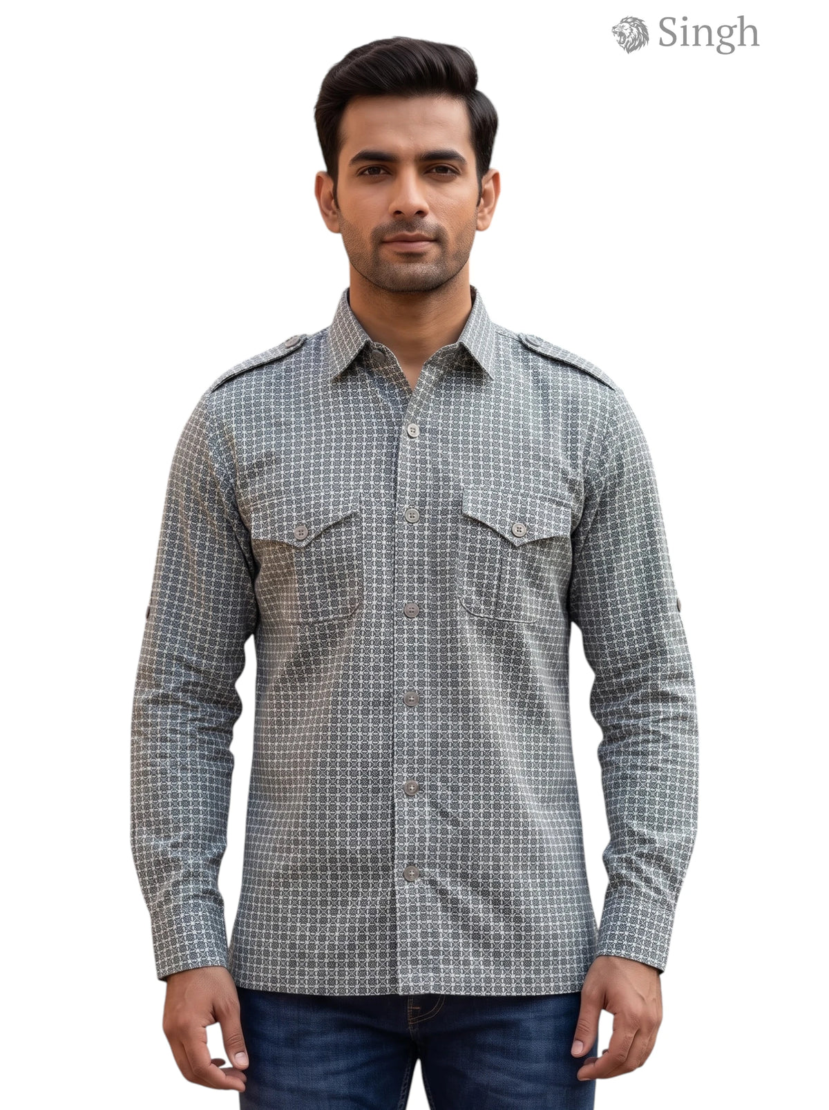 M Hunting Shirt in gray plaid fabric worn front facing, featuring pockets and the keyword HUNTING SHIRTS-1308-91