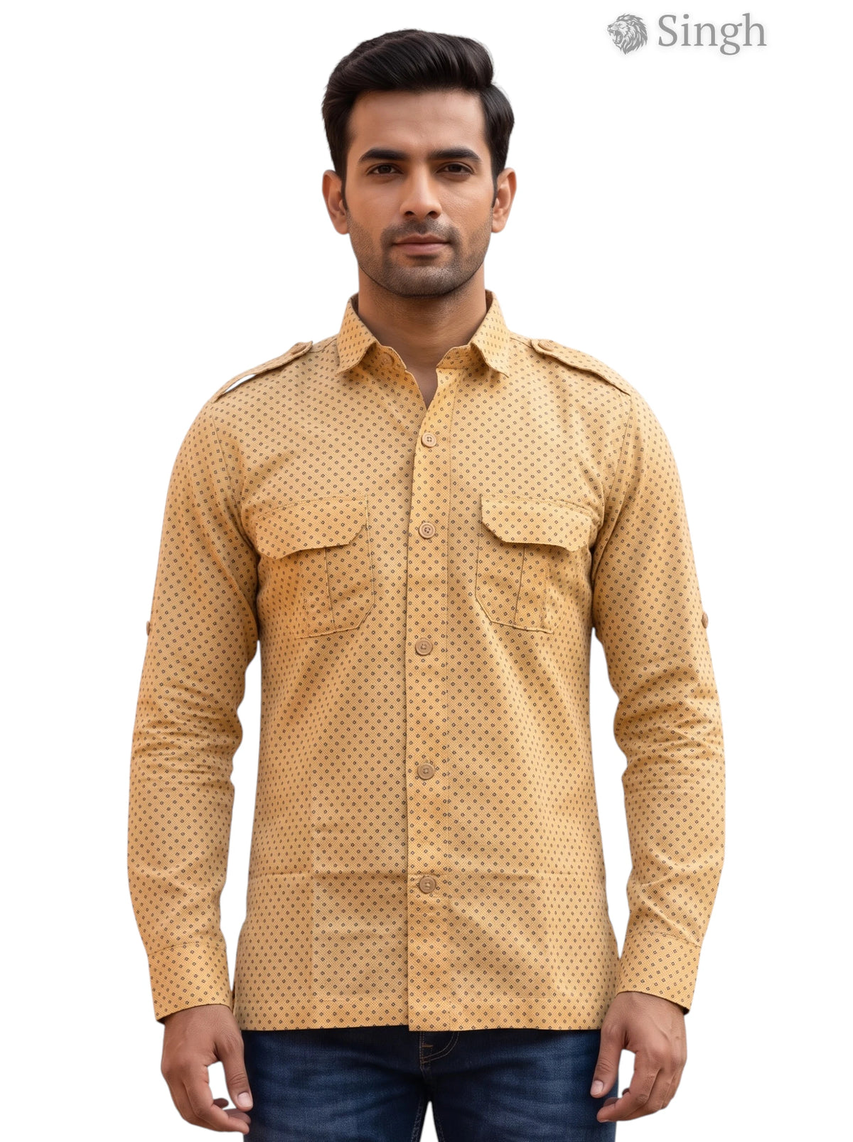 M Tan Cotton Hunting Shirt from SINGH with Button Pockets - HUNTING SHIRTS-1308-92