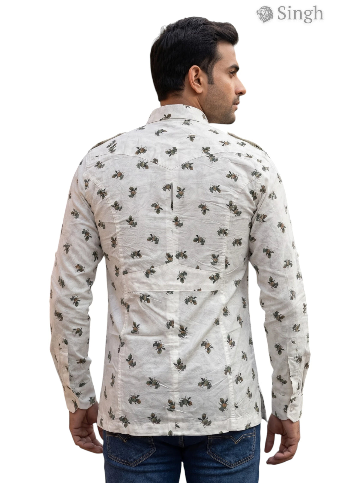 M Hunting Shirts in beige fabric with floral print, back view showcasing stylish design - HUNTING SHIRTS-1308-93