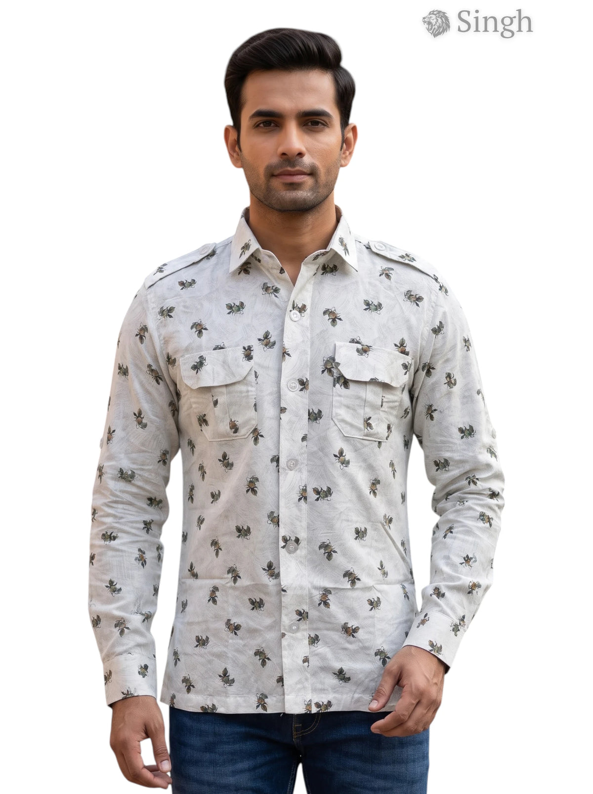 M Hunting Shirts in Light Gray Floral Cotton with Front Pockets - HUNTING SHIRTS-1308-93