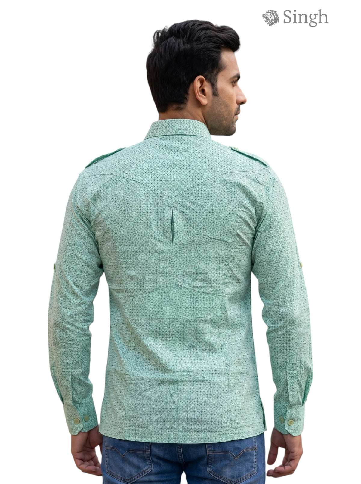 M Hunting Shirt in Light Green Cotton, Back View, featuring a stylish design and comfortable fit, HUNTING SHIRTS-1308-95