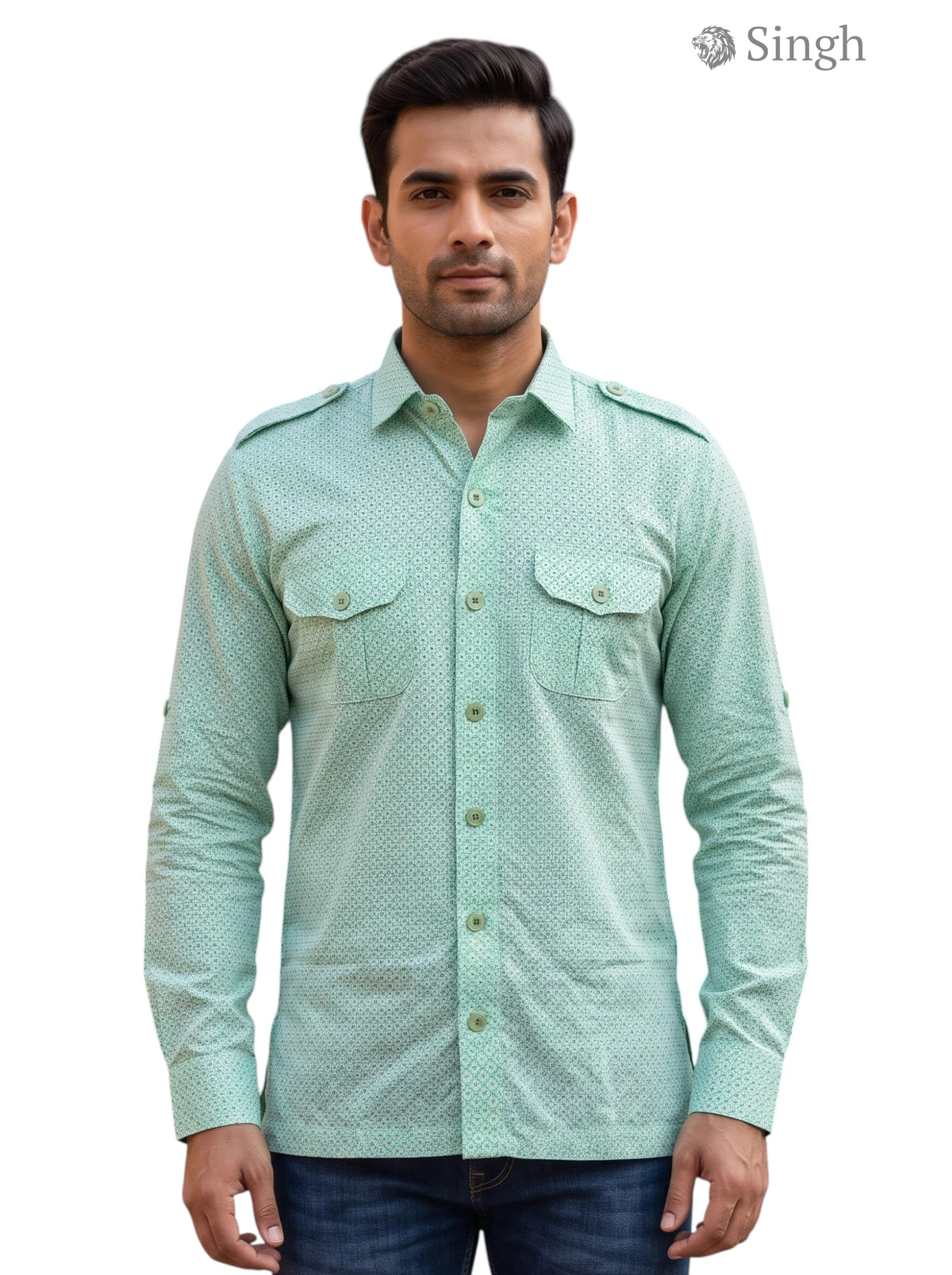M Hunting Shirts in mint green cotton at a front angle featuring stylish pockets HUNTING SHIRTS-1308-95