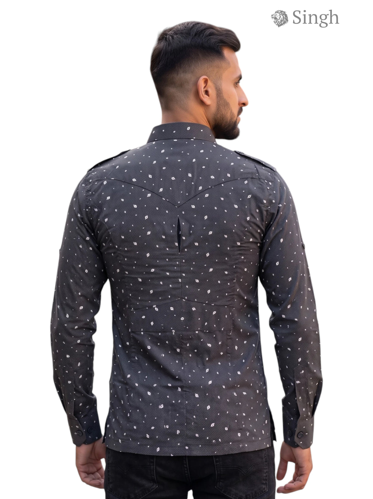 M Hunting Shirt in Gray with Patterned Fabric, Back View featuring HUNTING SHIRTS-1308-96