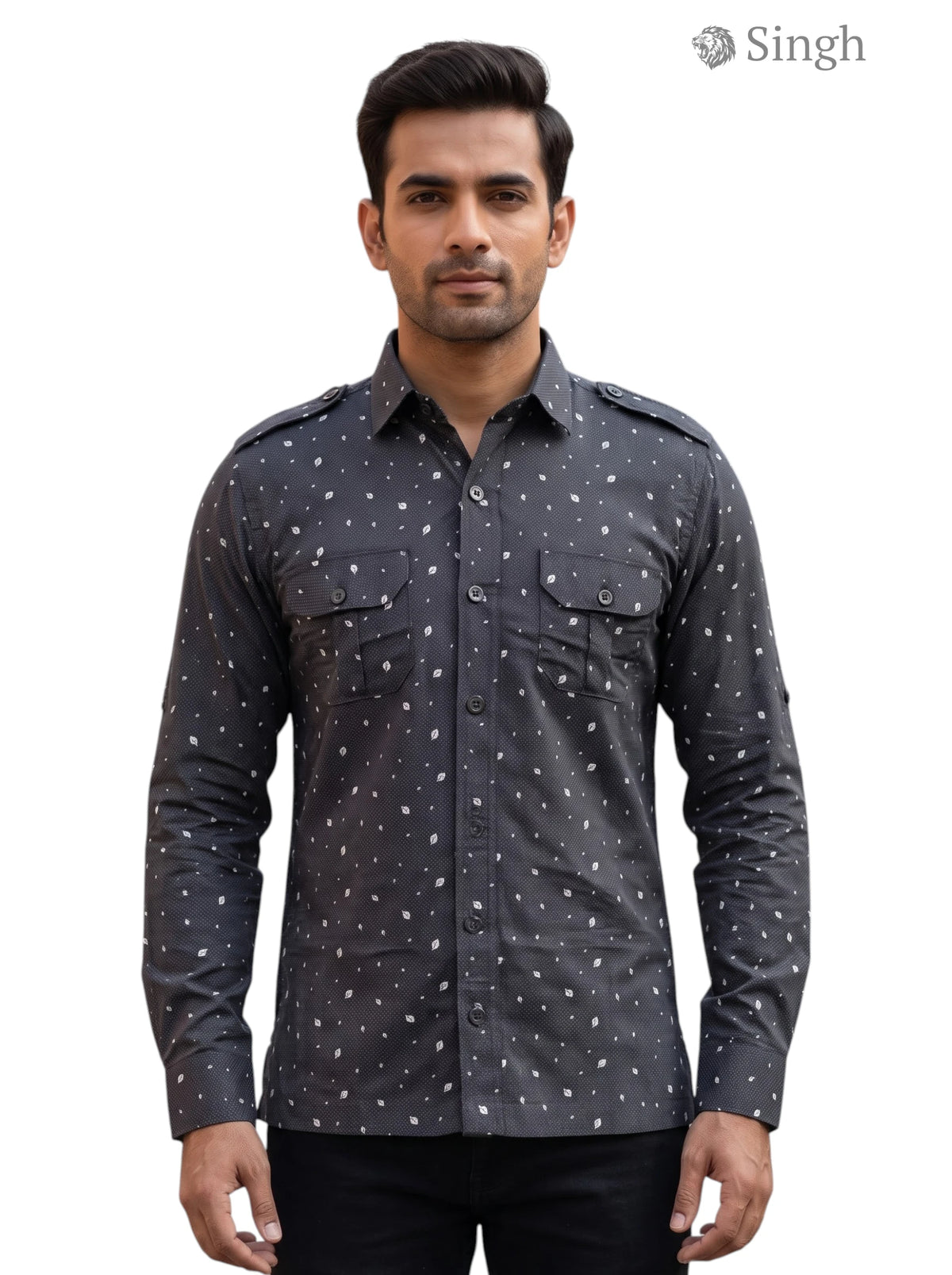 M Hunting Shirts in dark gray cotton, front view featuring button-up design and chest pockets HUNTING SHIRTS-1308-96