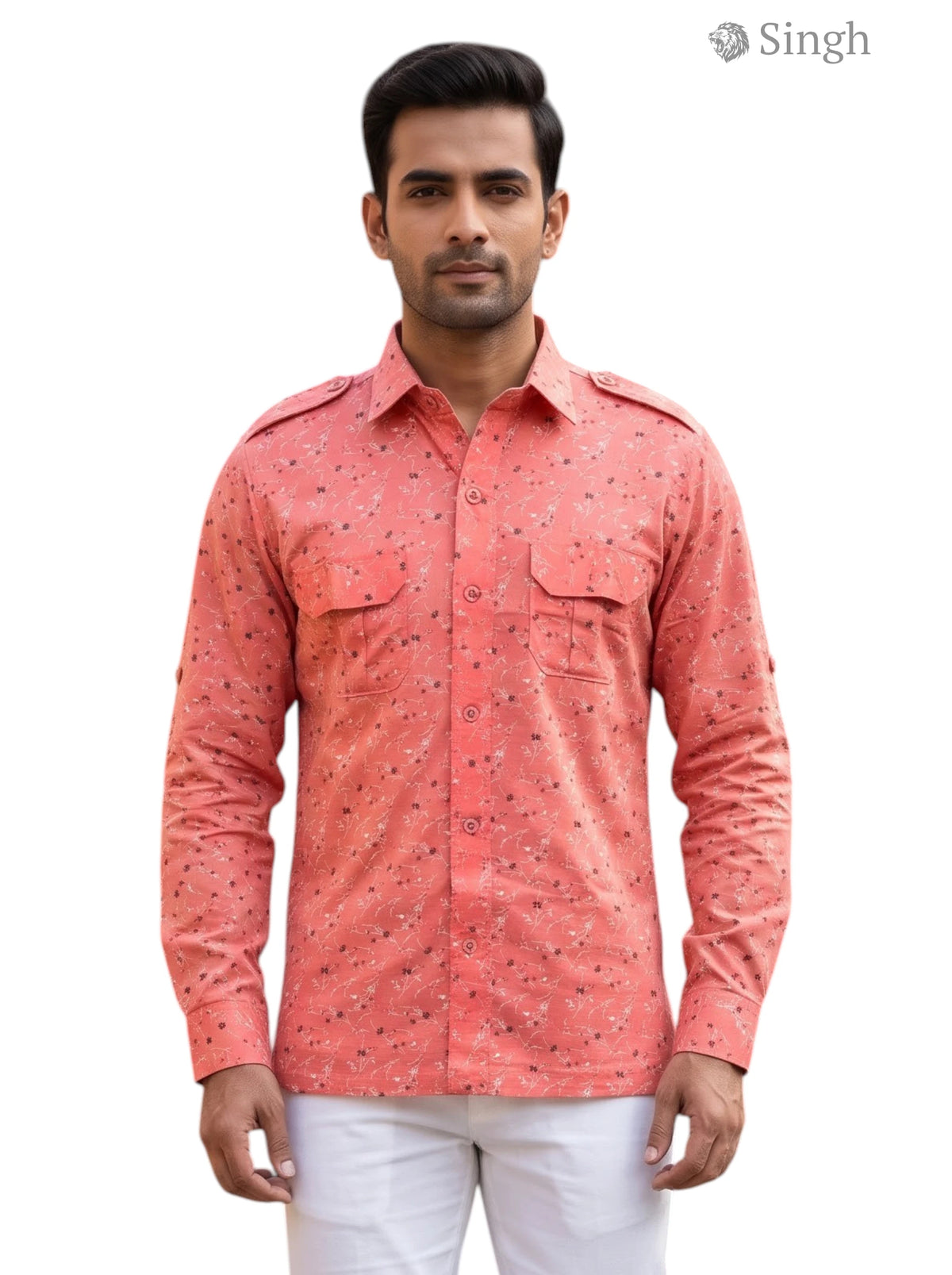 M Hunting Shirt in Coral with Cotton Fabric Front View HUNTING SHIRTS-1308-97
