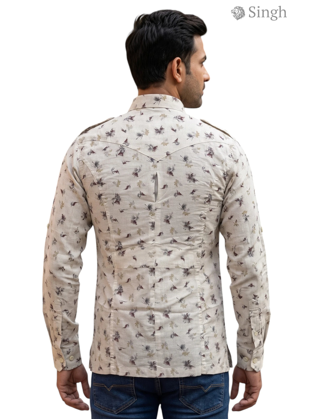 M Hunting Shirts in Cream with Floral Print, Casual Fit, Back View - HUNTING SHIRTS-1308-98
