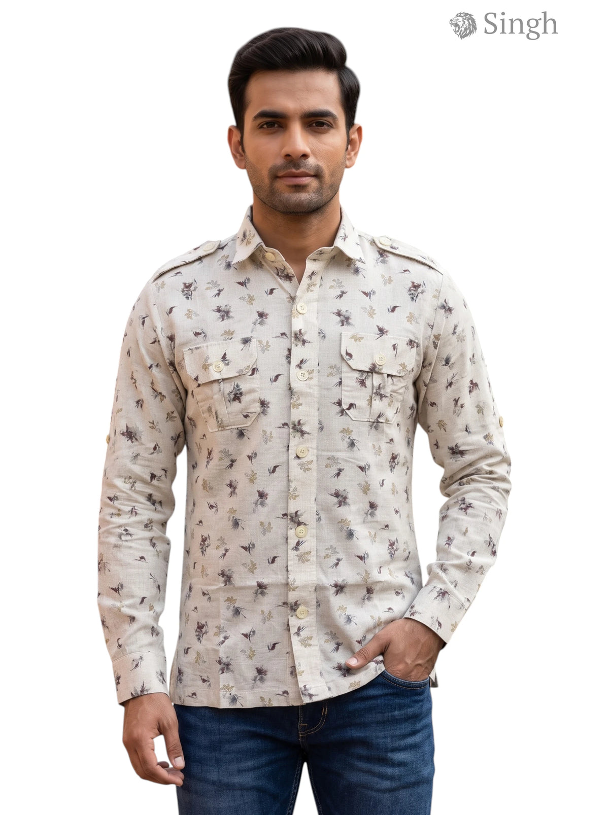 M Hunting Shirts in beige fabric with floral print, front view featuring two chest pockets, HUNTING SHIRTS-1308-98