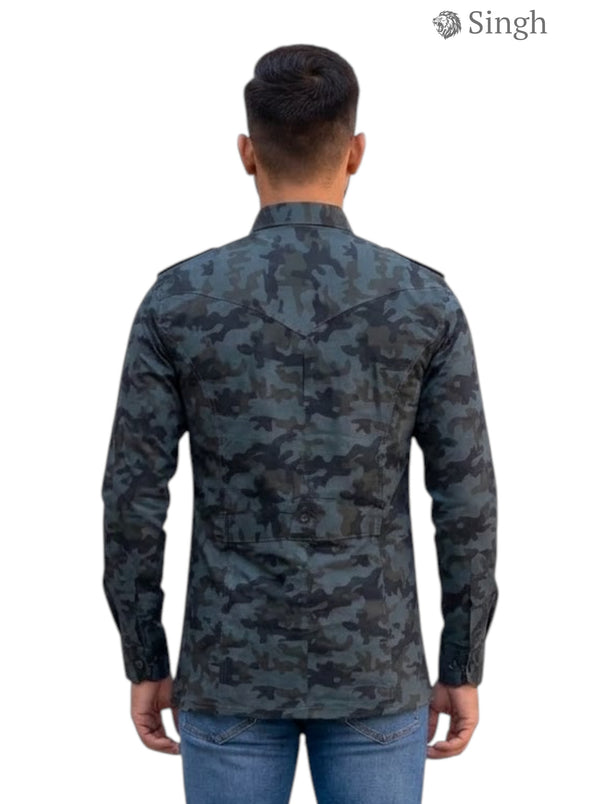 M Hunting Shirts in Dark Camouflage Fabric, Back View Featuring Sleeve Detailing - HUNTING SHIRTS-1309-2