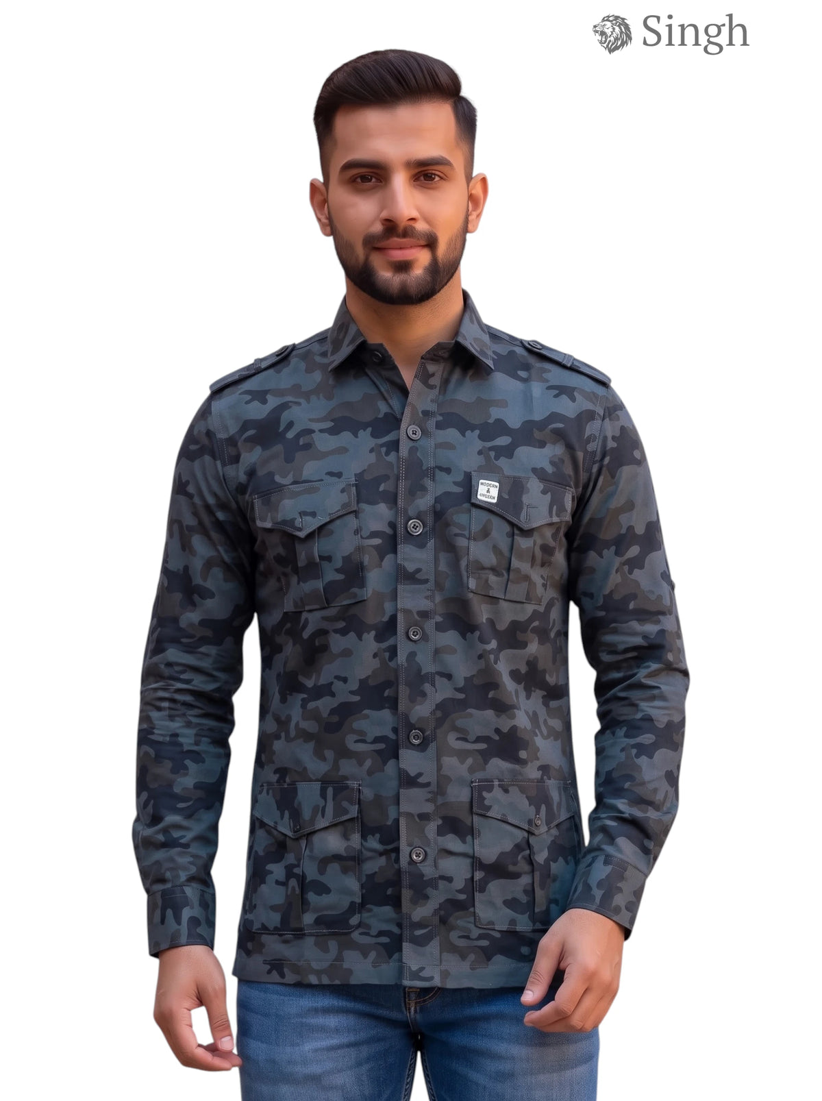 M Camouflage Hunting Shirts-1309-2 in durable fabric, displayed from the front angle