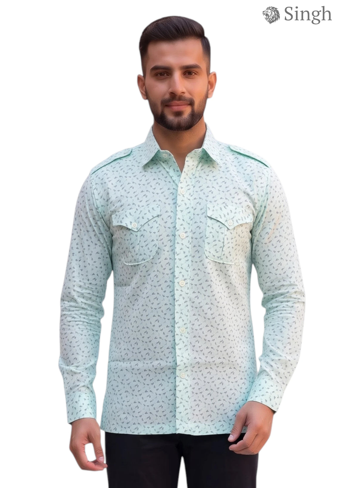 M Hunting Shirt in Light Green Cotton Fabric Front View featuring Pockets - HUNTING SHIRTS-1309-363