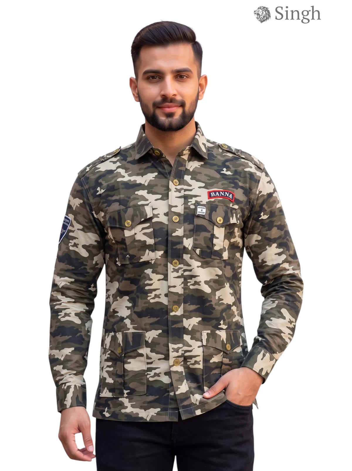 M Camo Hunting Shirt in Cotton, Front View, Featuring Stylish Pockets - HUNTING SHIRTS-1309-4