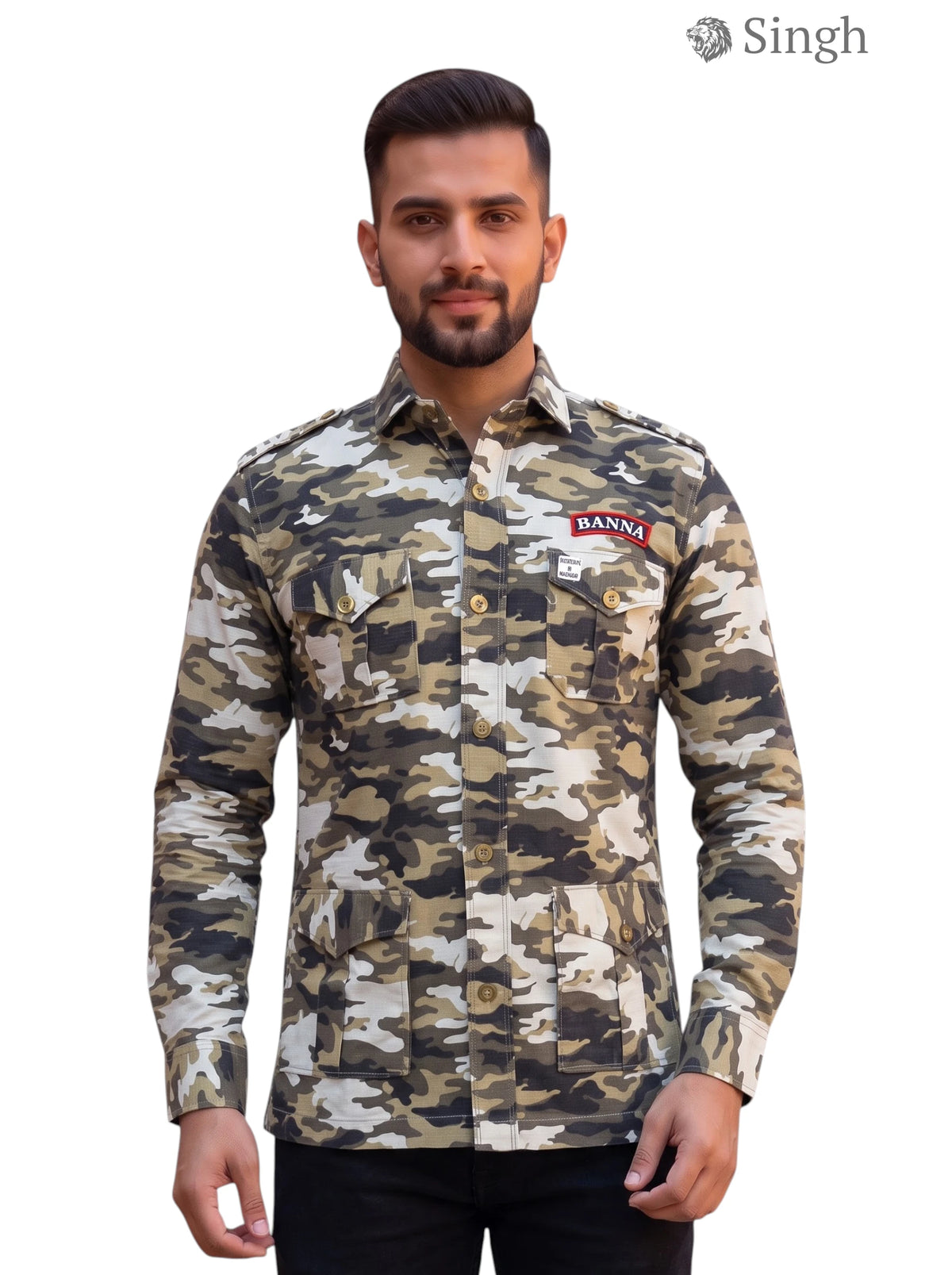 M Camo Hunting Shirts-1309-6 in Cotton Fabric, Front View with Pockets and Badge