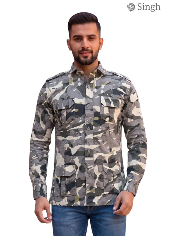 M Hunting Shirt in Camouflage Fabric by Singh, Front View Featuring Multiple Pockets, HUNTING SHIRTS-1309-8