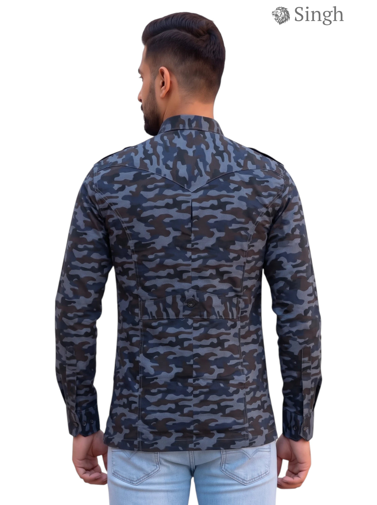 Camo Hunting Shirt in gray cotton from Singh, showcasing a back view of the Hunting Shirts-1309-9.