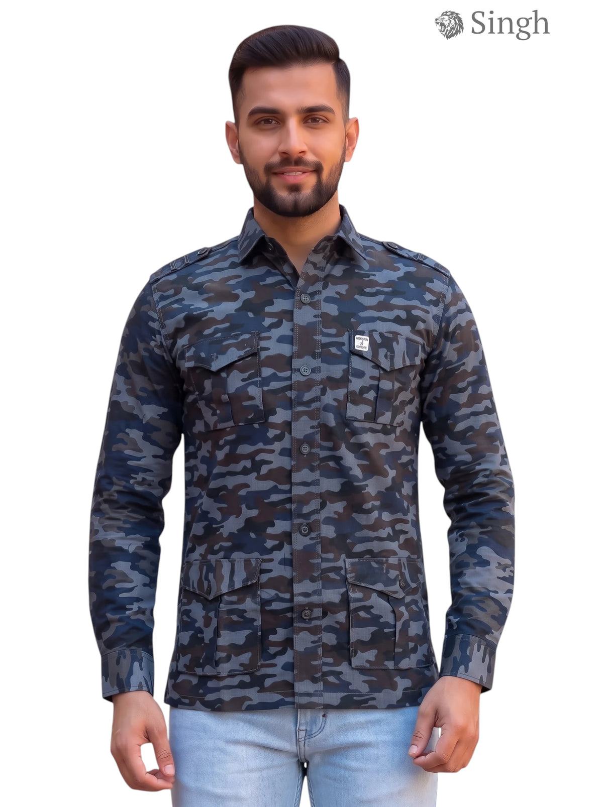 Camo SingH Hunting Shirts-1309-9 in durable cotton fabric, front view showcasing military-style pockets.