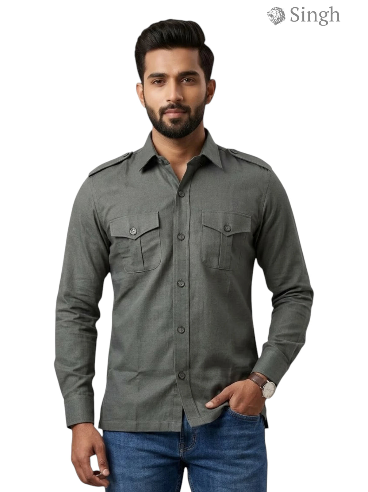 M Hunting Shirts in Grey Cotton Fabric Front View - HUNTING SHIRTS-1310-10